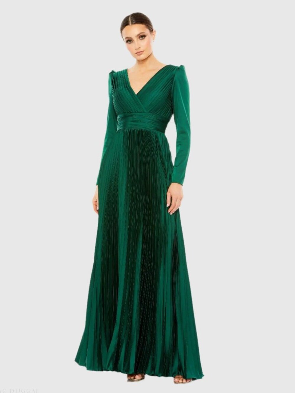 Mac Duggal Size 20 Green 26542 Pleated V-Neck Gown Dress Long Sleeve Formal NWT